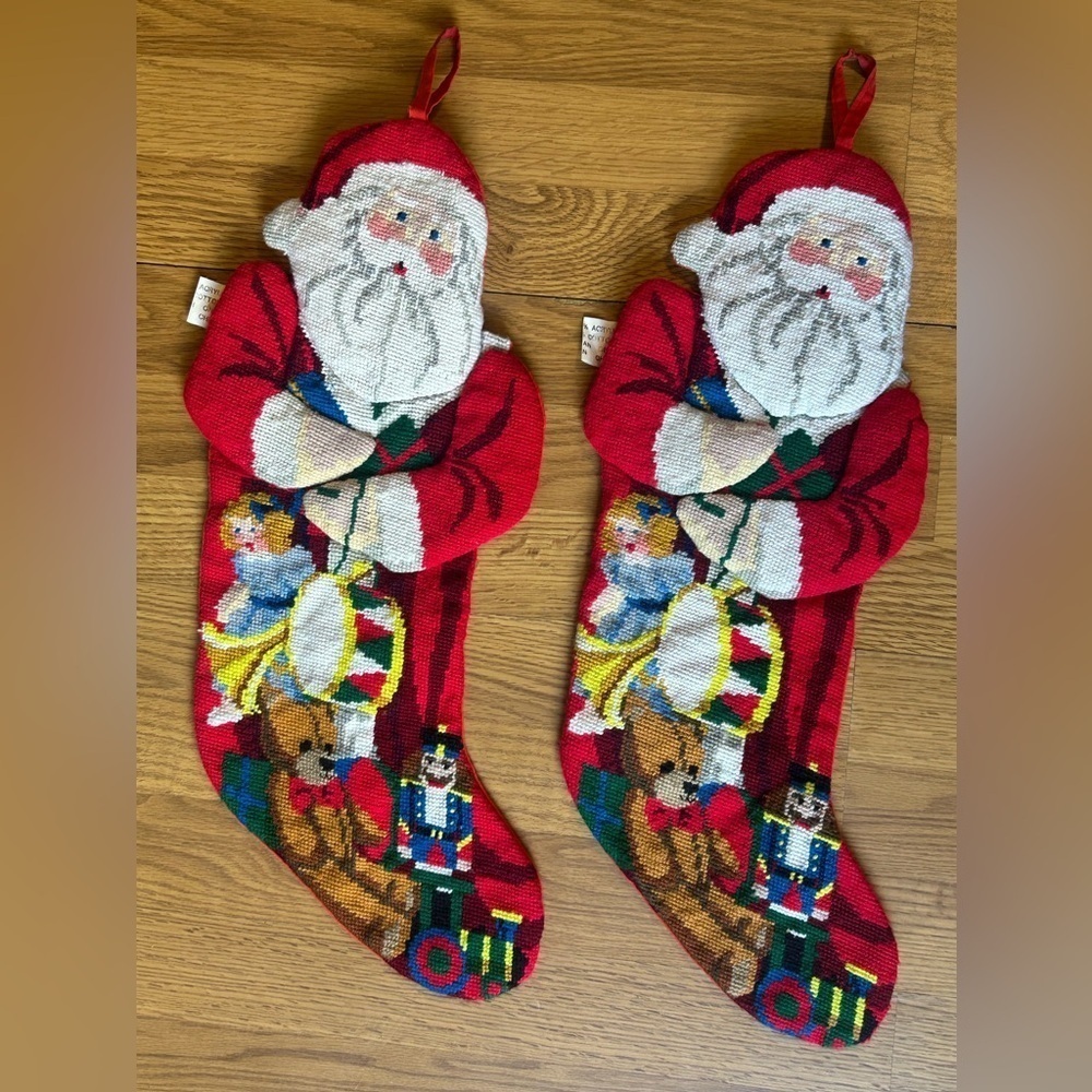 Vintage Handmade Needlepoint Christmas Stockings Set 2 Santa Toys 1990s Decor - Picture 2 of 16